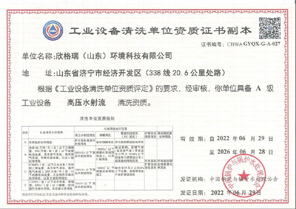 工业设备A级高压水射流清洗