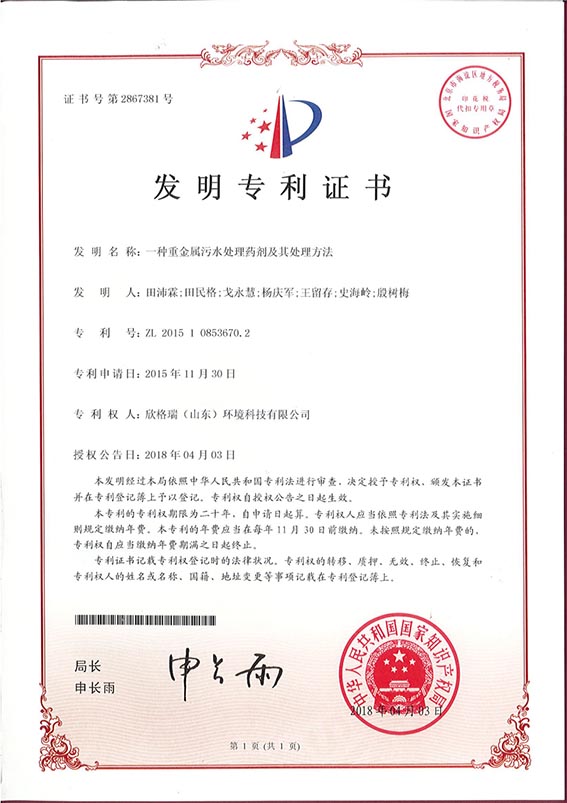 一种重金属污水处理药剂及其处理方法发明专利证书